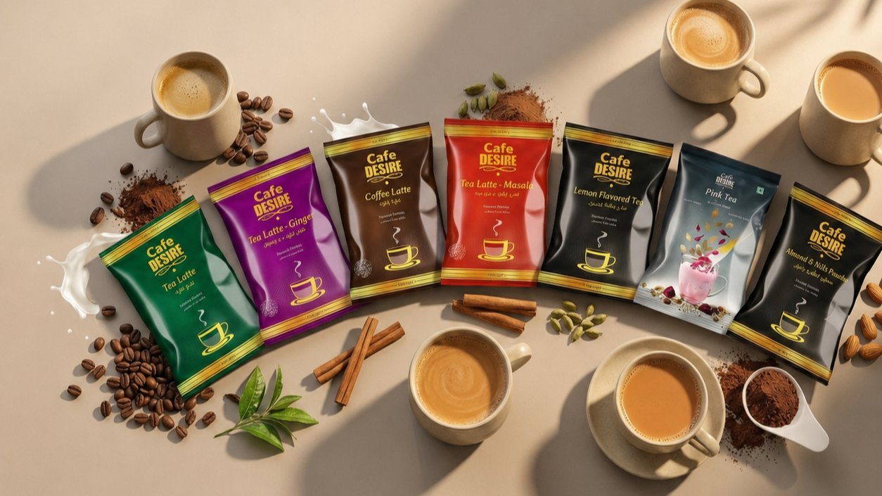 Café Desire premix range — Tea Latte, Tea Latte Ginger, Coffee Latte, Tea Latte Masala, Lemon Flavored Tea, Pink Tea, Almond & Nuts